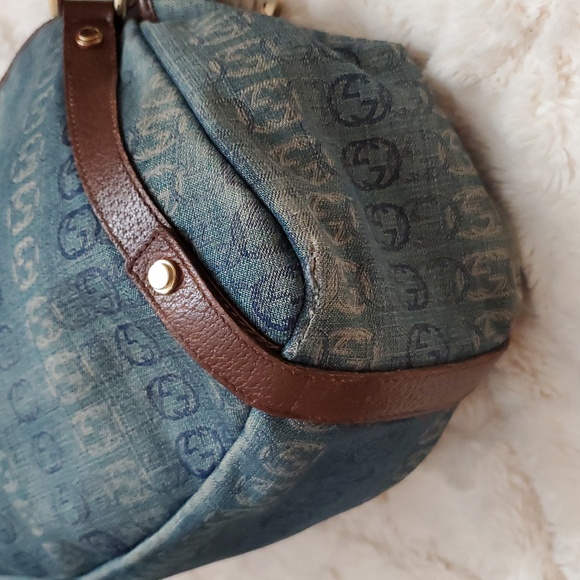 Authentic Gucci Blue Monogram Denim Shoulder Bag with Brown Leather Straps RARE! - Picture 10 of 16